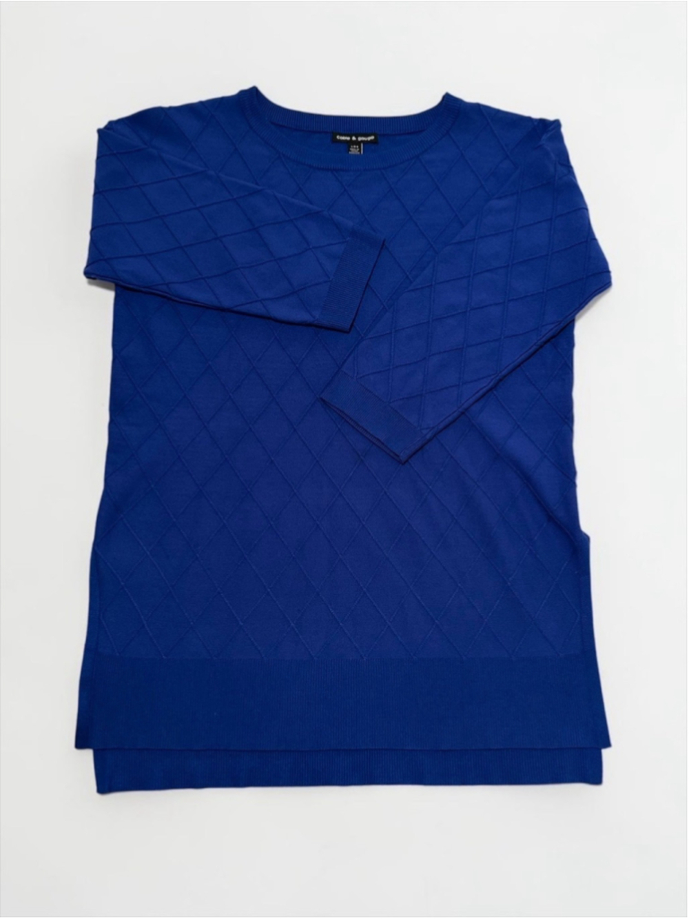 Cable & Guage Long Sweater Tunic Top Womens Large Blue 3/4 Sleeves Side Slits